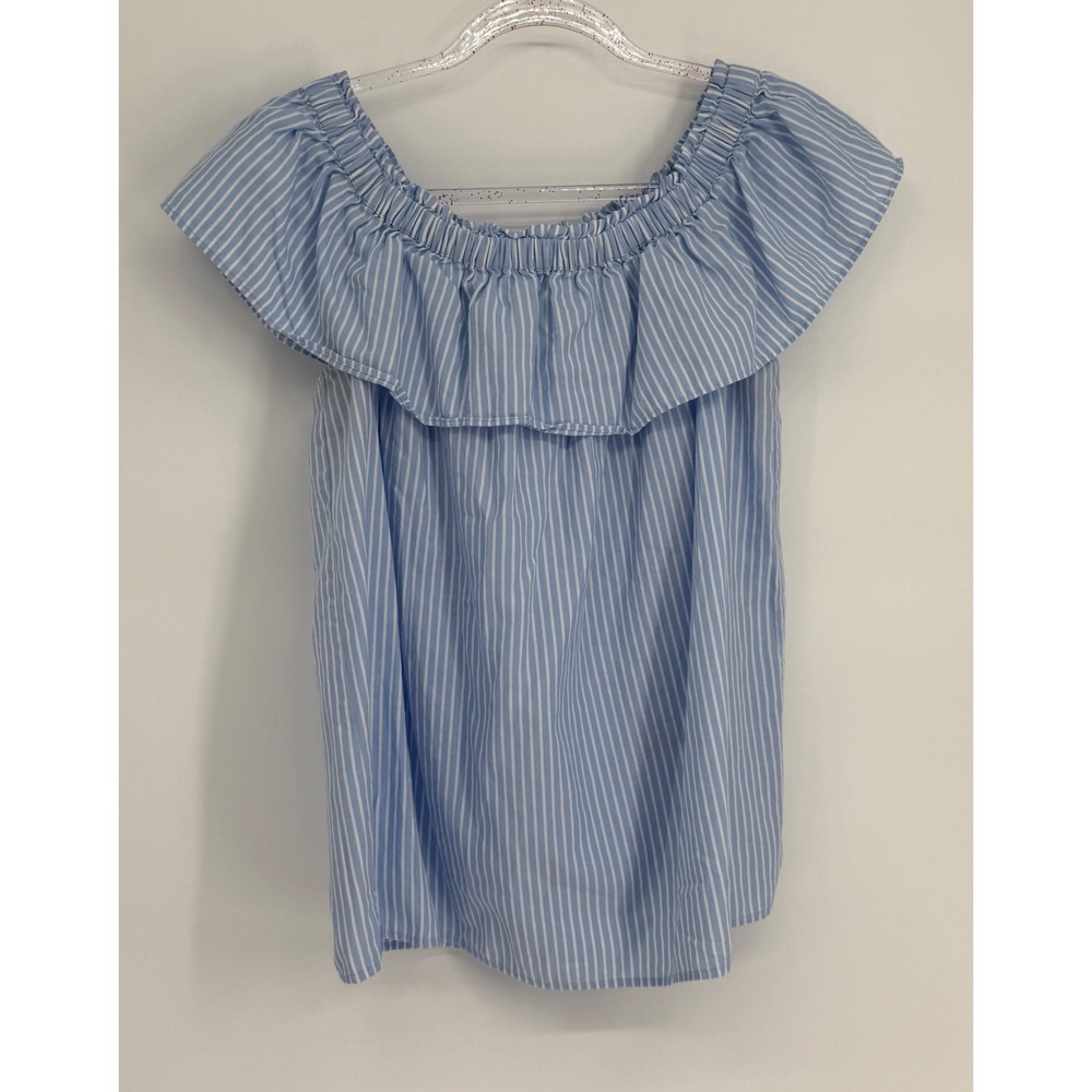 LOFT Womens Blue White Striped Off The Shoulder Ruffle Blouse Top Cotton Sz L